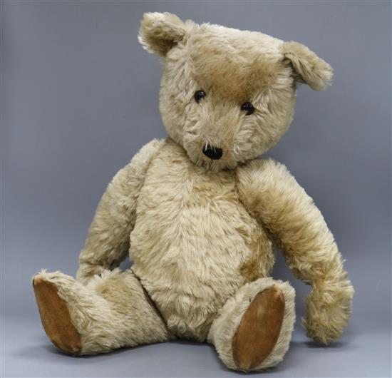 A 1950s Chiltern teddy bear, Luke, with pale golden amber and black glass eyes, tip of snout clipped, black